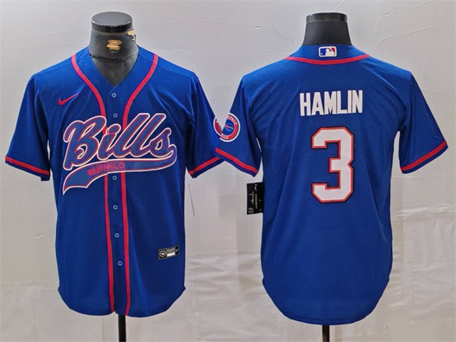 Men's Buffalo Bills #3 Damar Hamlin Blue With Patch Cool Base Stitched Baseball Jersey